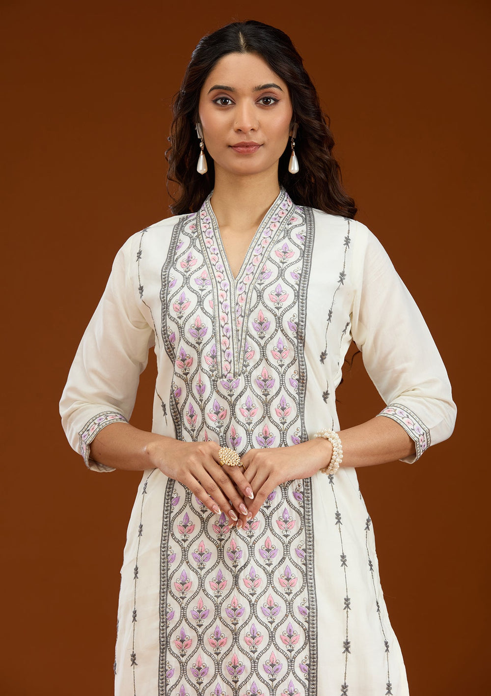 Cream Threadwork Semi Crepe Readymade Salwar Suit-Koskii