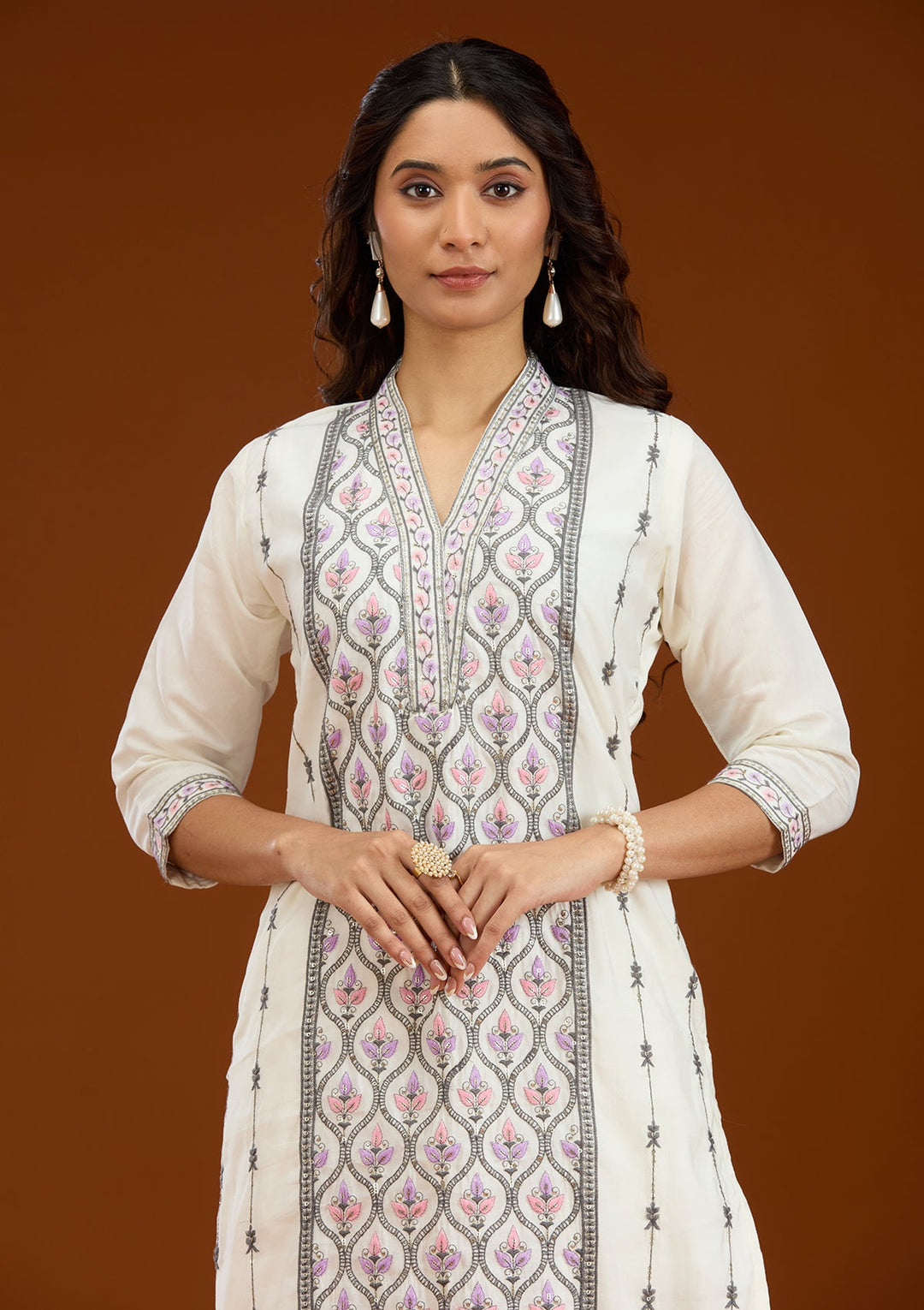 Cream Threadwork Semi Crepe Readymade Salwar Suit-Koskii