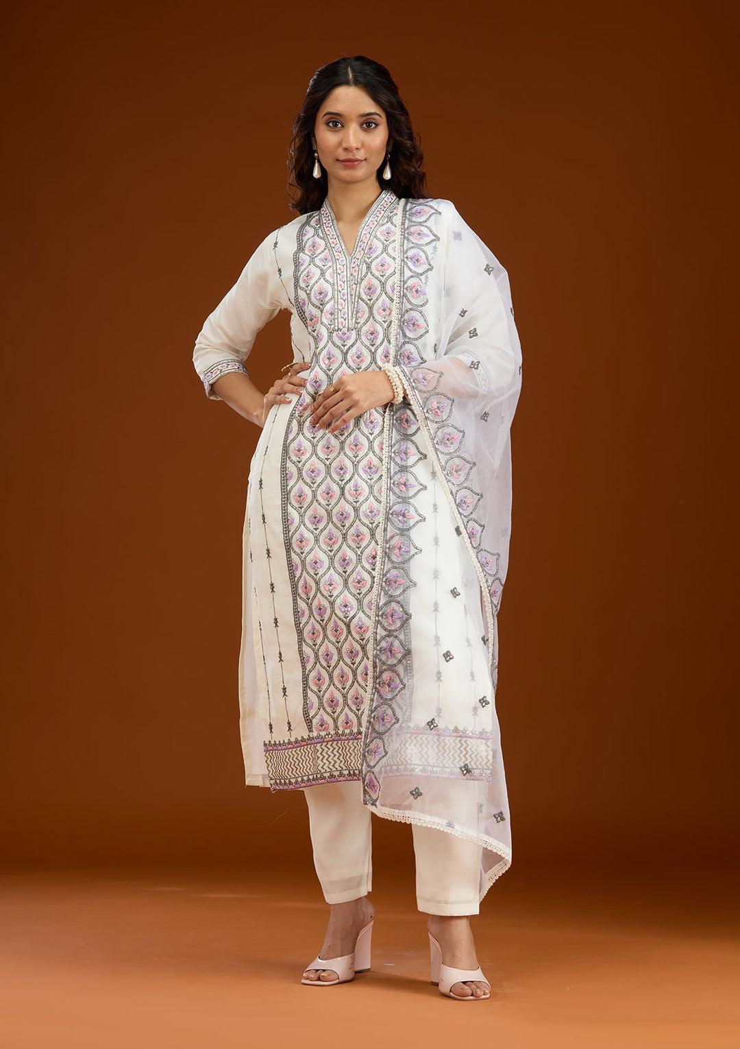 Cream Threadwork Semi Crepe Readymade Salwar Suit-Koskii