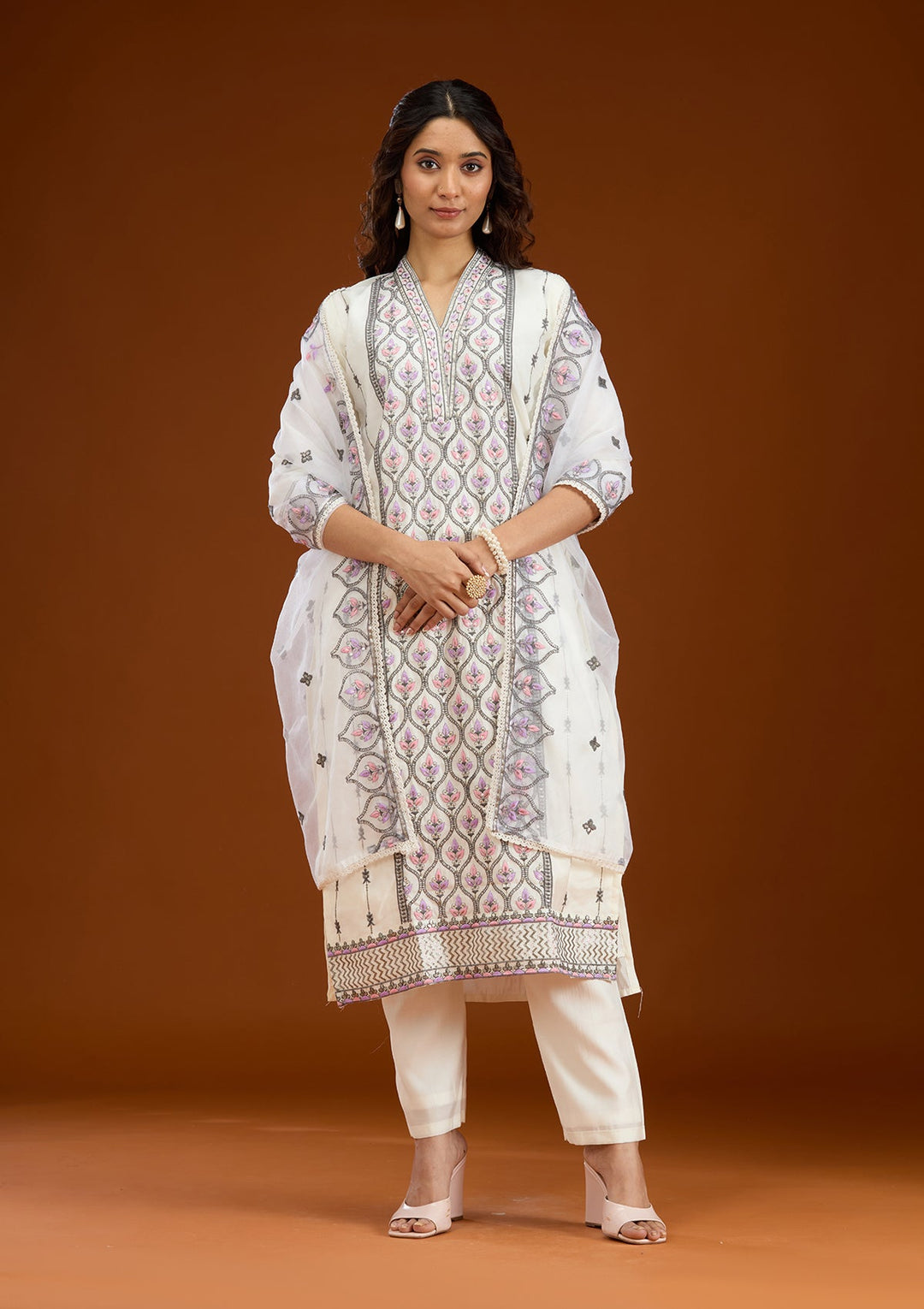 Cream Threadwork Semi Crepe Readymade Salwar Suit-Koskii