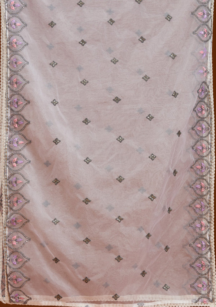 Cream Threadwork Semi Crepe Readymade Salwar Suit-Koskii