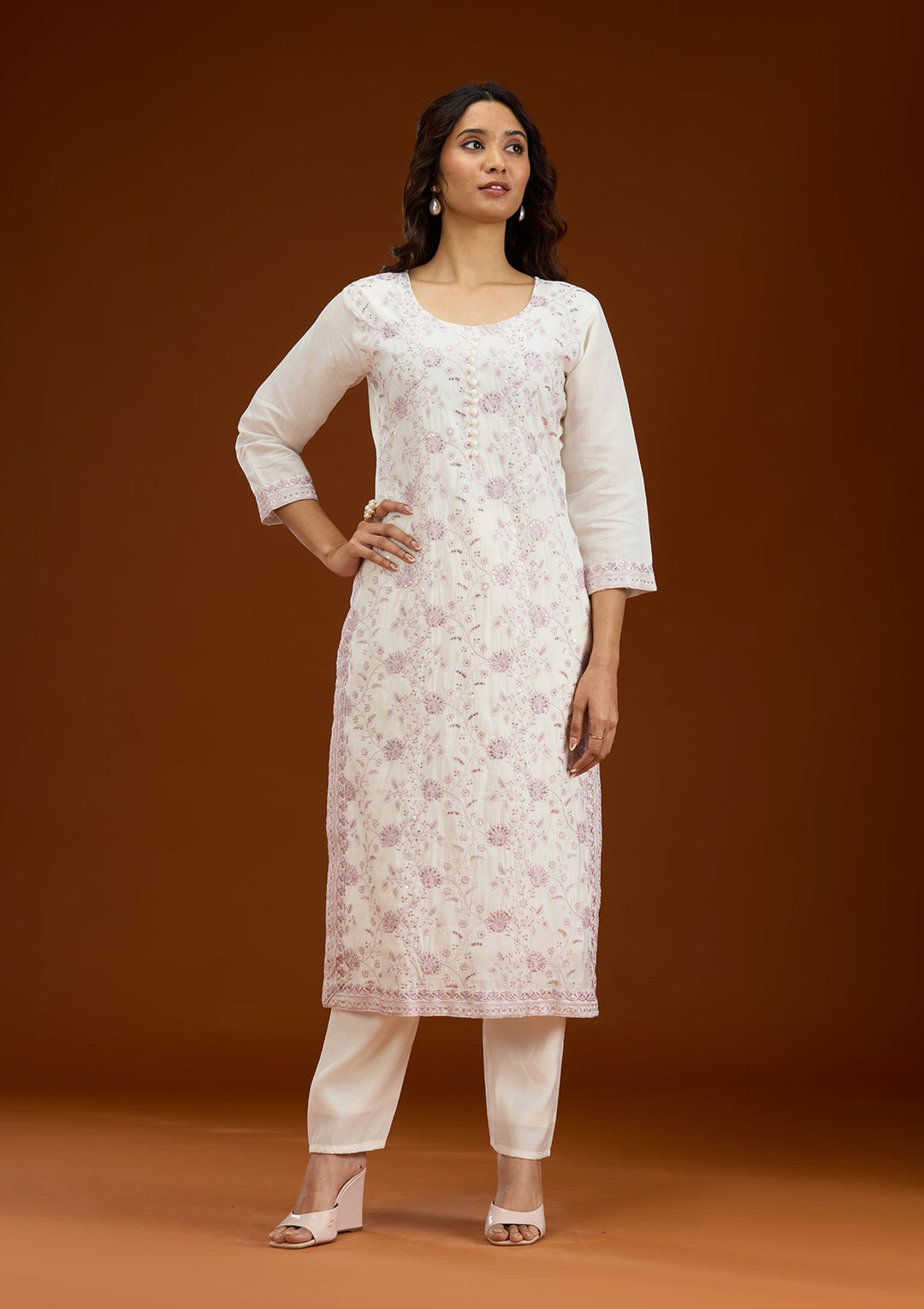 Cream Threadwork Semi Crepe Readymade Salwar Suit-Koskii