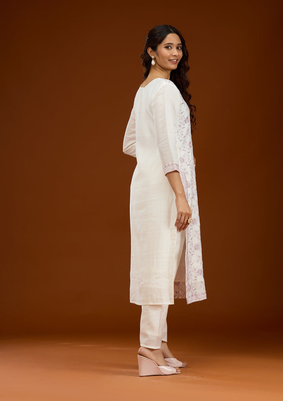 Cream Threadwork Semi Crepe Readymade Salwar Suit-Koskii