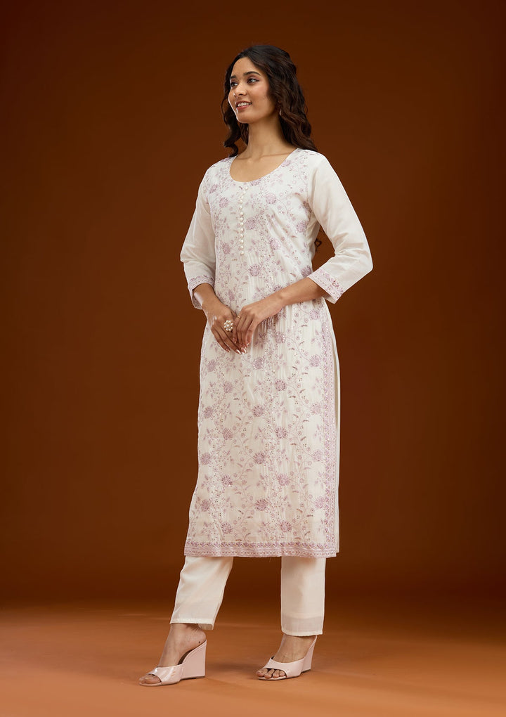 Cream Threadwork Semi Crepe Readymade Salwar Suit-Koskii