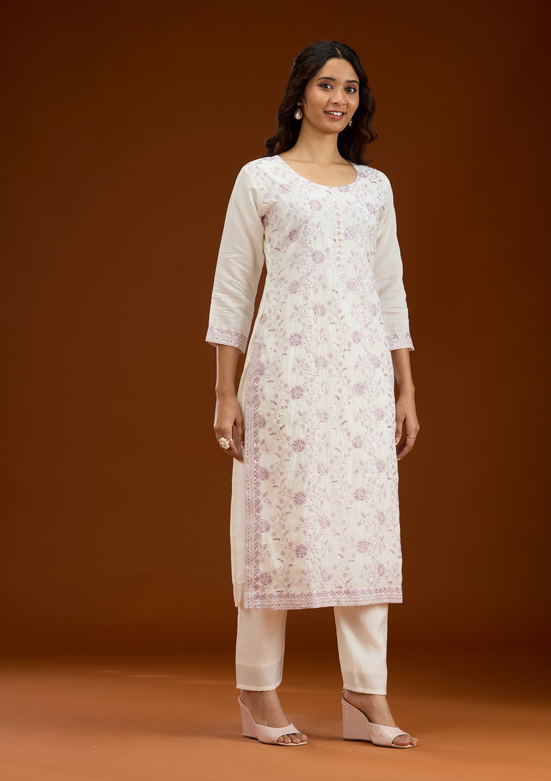 Cream Threadwork Semi Crepe Readymade Salwar Suit-Koskii
