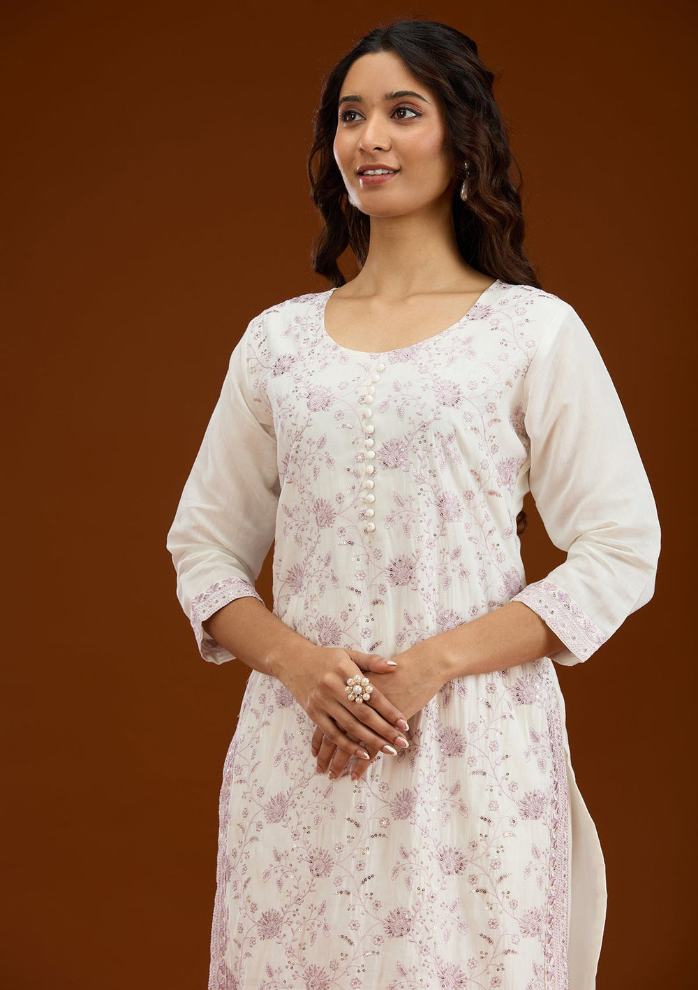 Cream Threadwork Semi Crepe Readymade Salwar Suit-Koskii