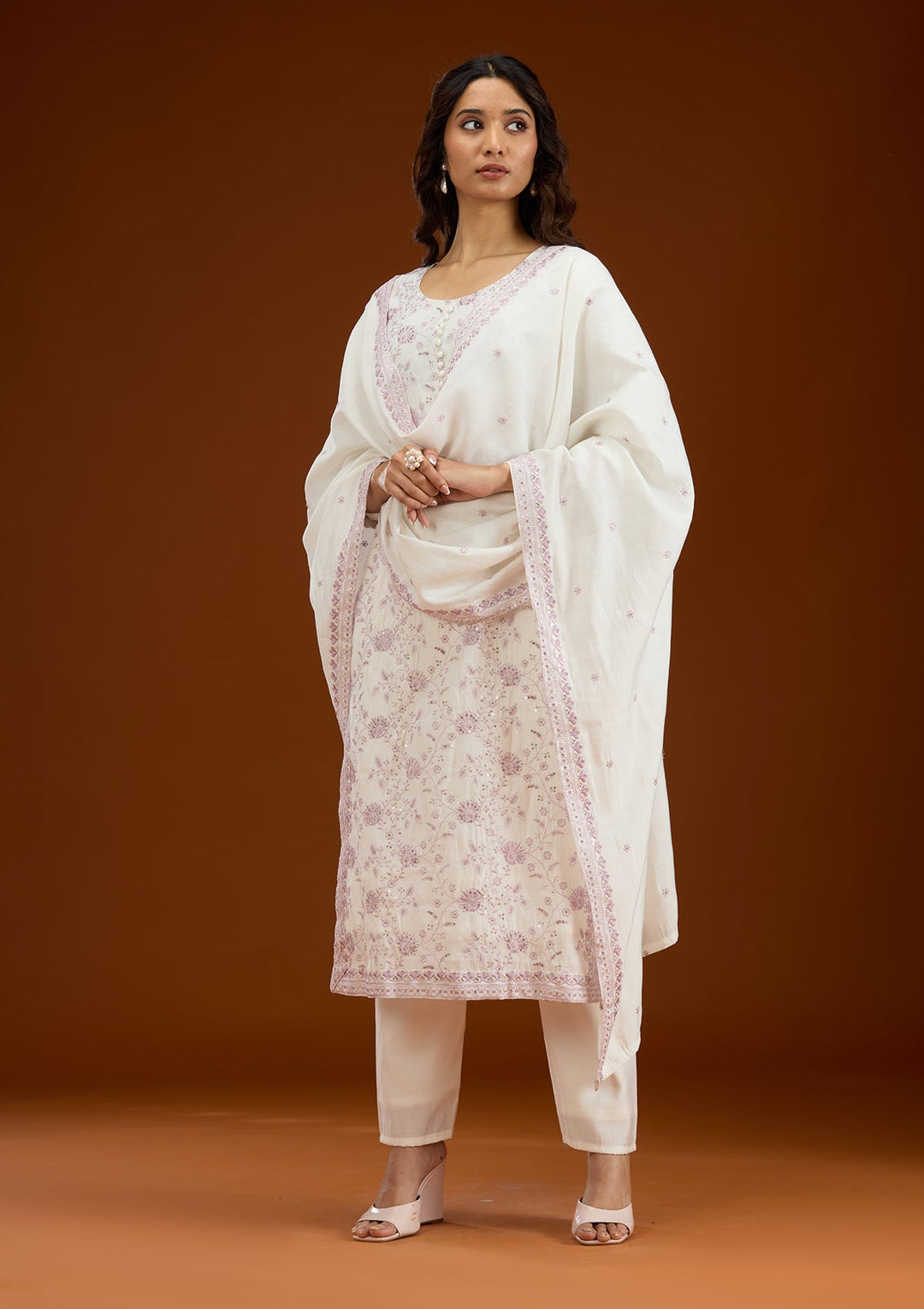 Cream Threadwork Semi Crepe Readymade Salwar Suit-Koskii