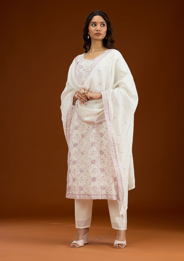 Cream Threadwork Semi Crepe Readymade Salwar Suit-Koskii