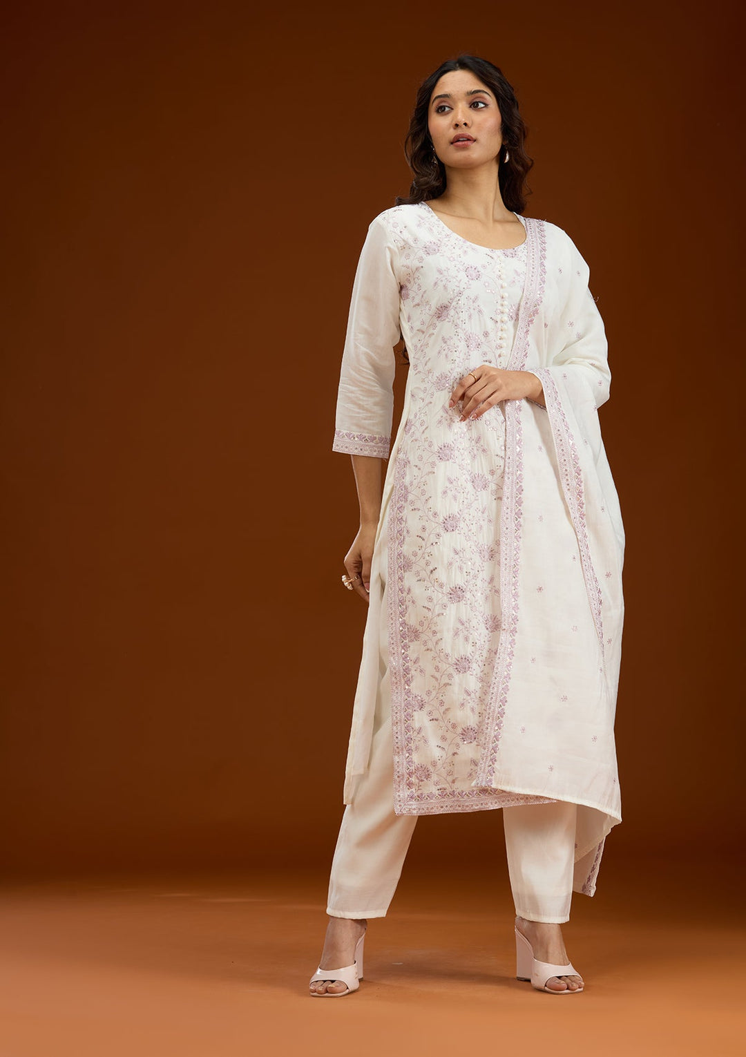 Cream Threadwork Semi Crepe Readymade Salwar Suit-Koskii