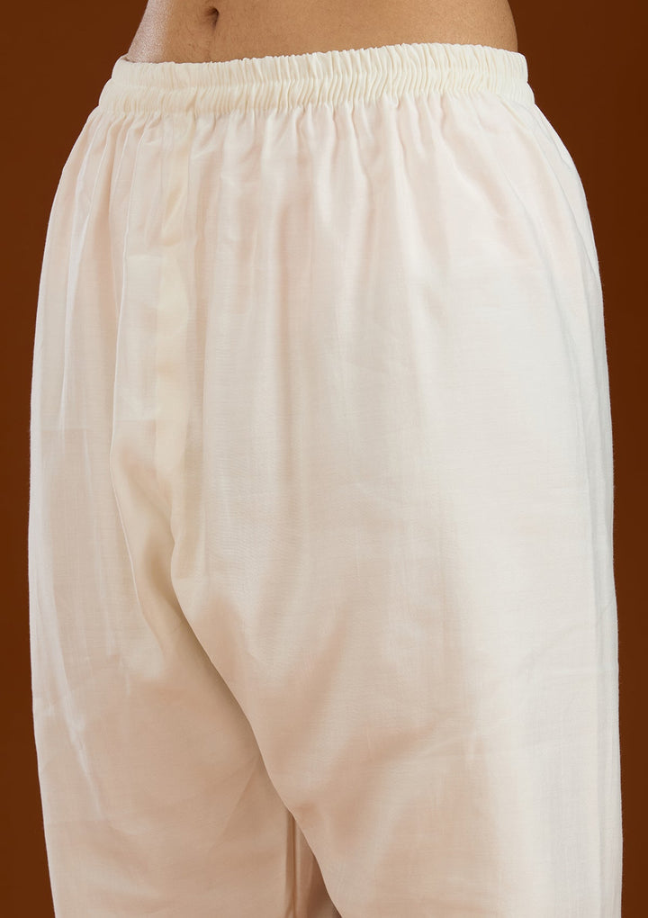 Cream Threadwork Semi Crepe Readymade Salwar Suit-Koskii