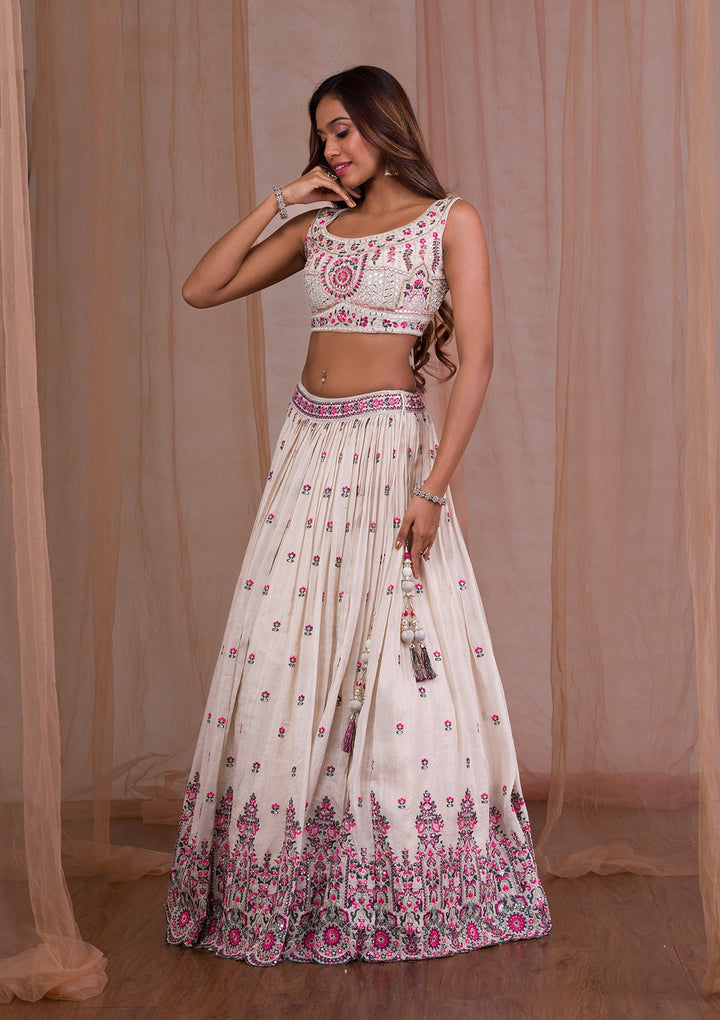 Cream Threadwork Semi Crepe Readymade Lehenga-Koskii