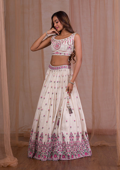Cream Threadwork Semi Crepe Readymade Lehenga-Koskii