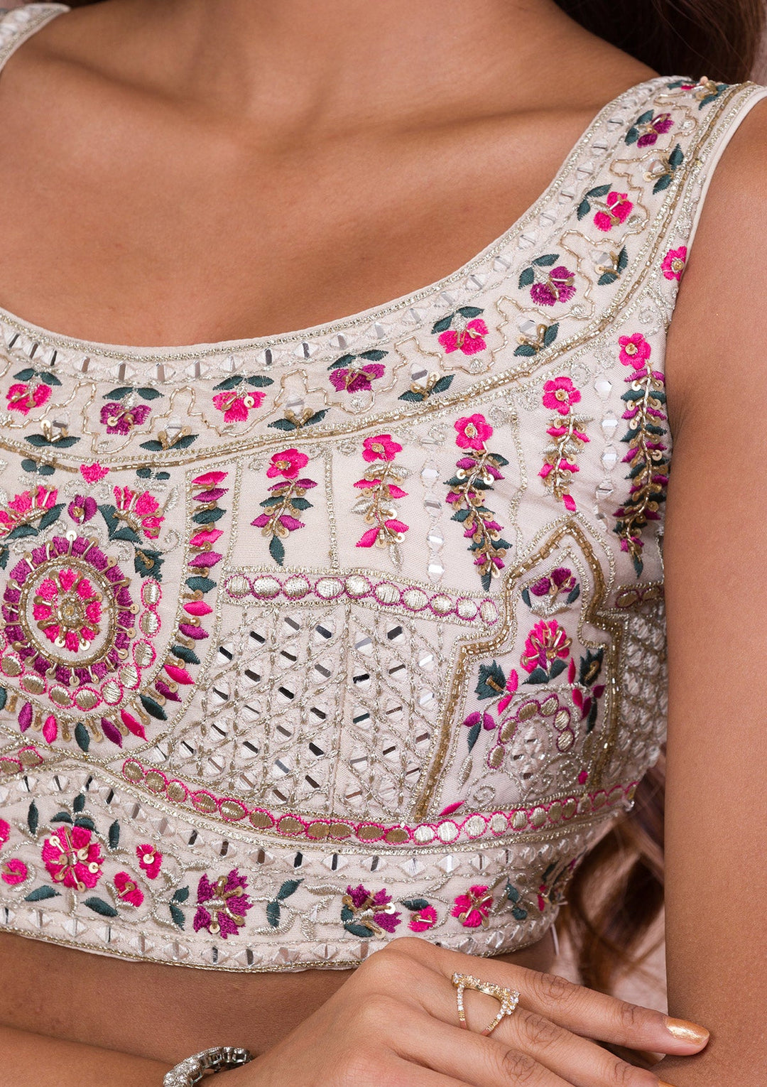 Cream Threadwork Semi Crepe Readymade Lehenga-Koskii