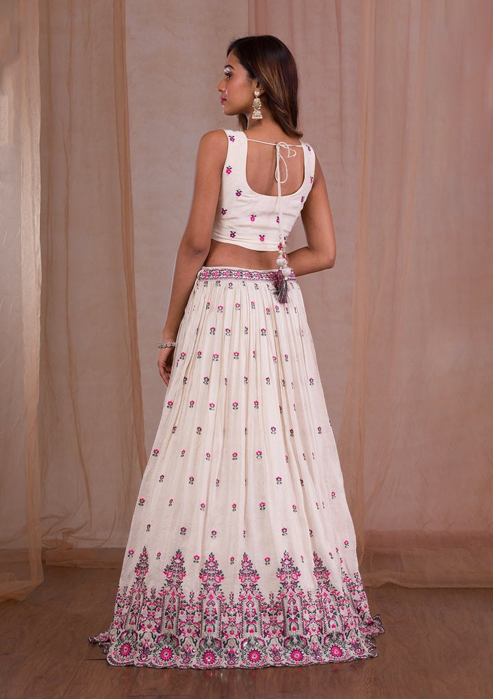 Cream Threadwork Semi Crepe Readymade Lehenga-Koskii