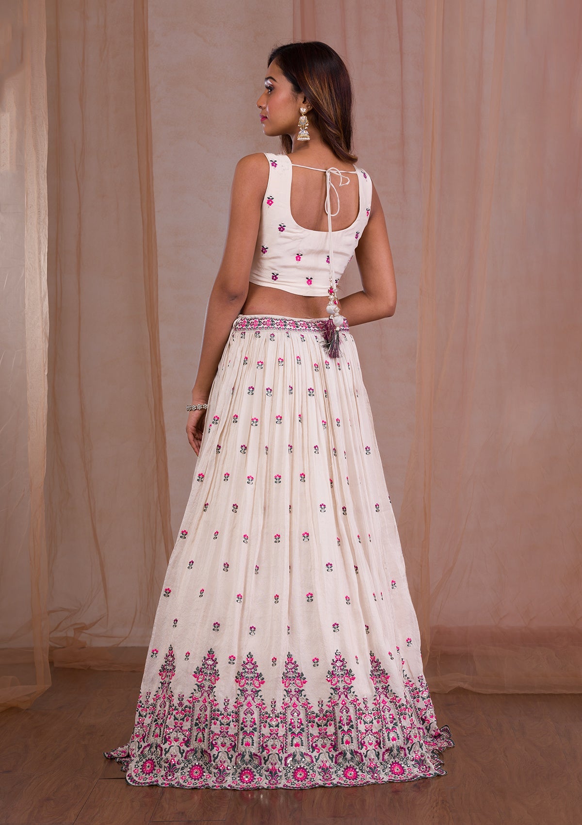 Cream Threadwork Semi Crepe Readymade Lehenga-Koskii