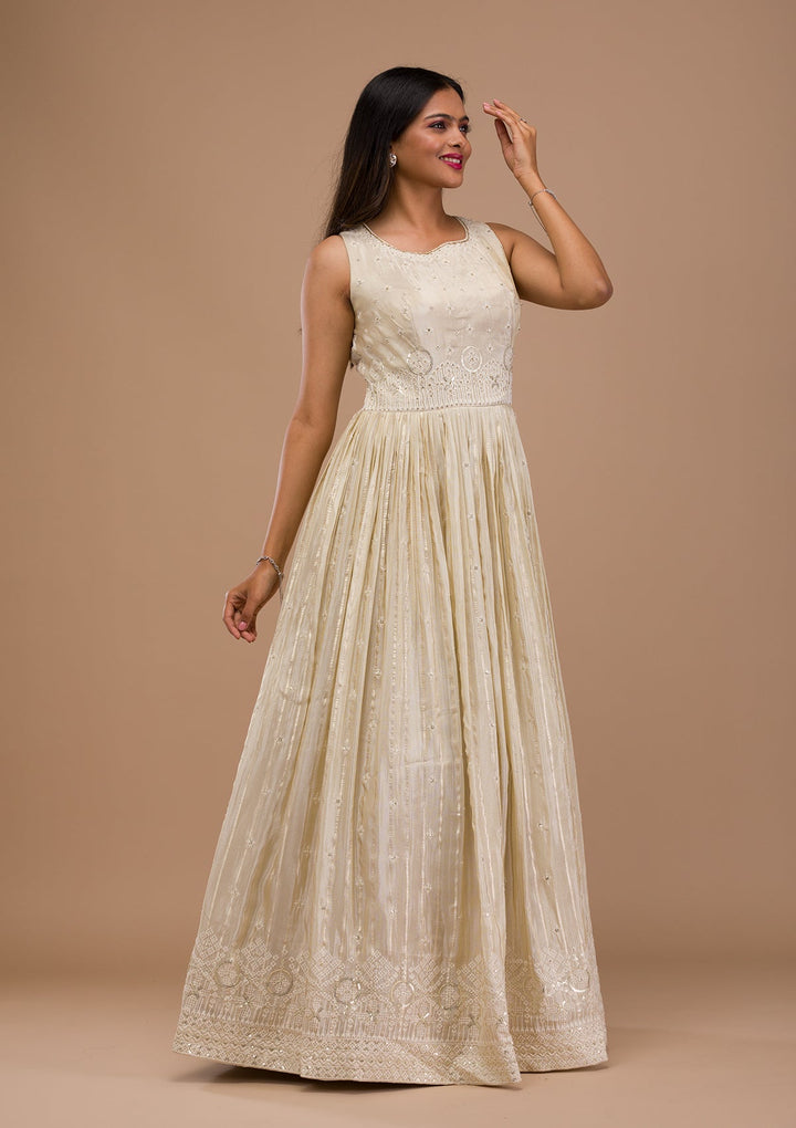 Cream Threadwork Semi Crepe Readymade Salwar Suit-Koskii