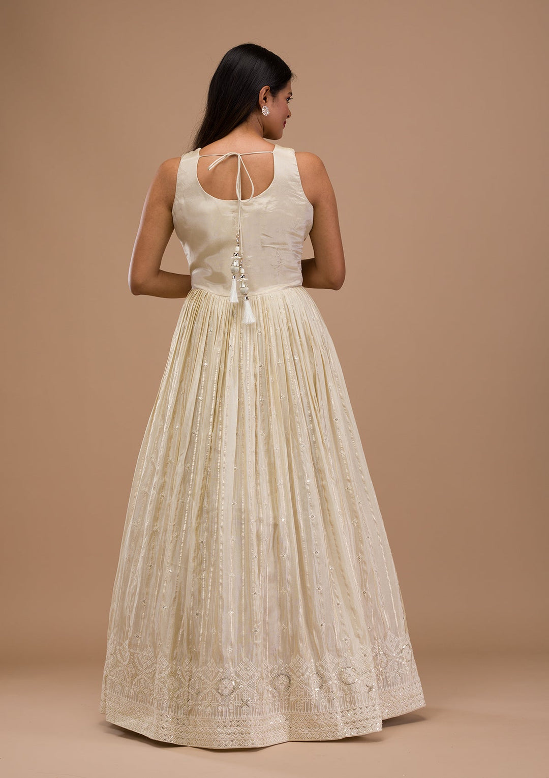 Cream Threadwork Semi Crepe Readymade Salwar Suit-Koskii