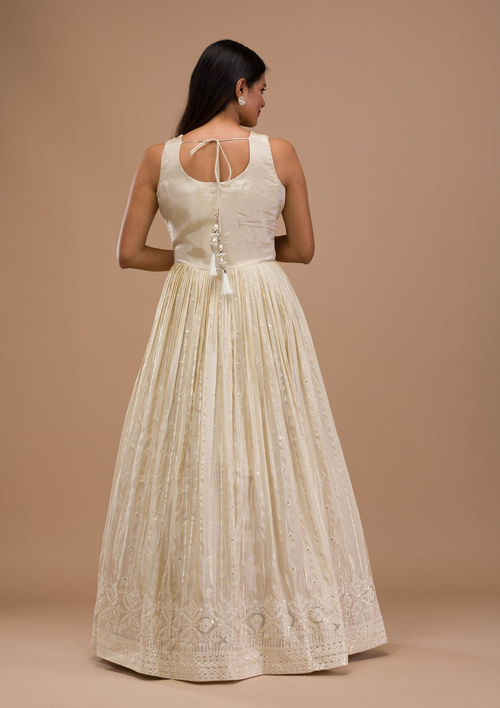Cream Threadwork Semi Crepe Readymade Salwar Suit-Koskii