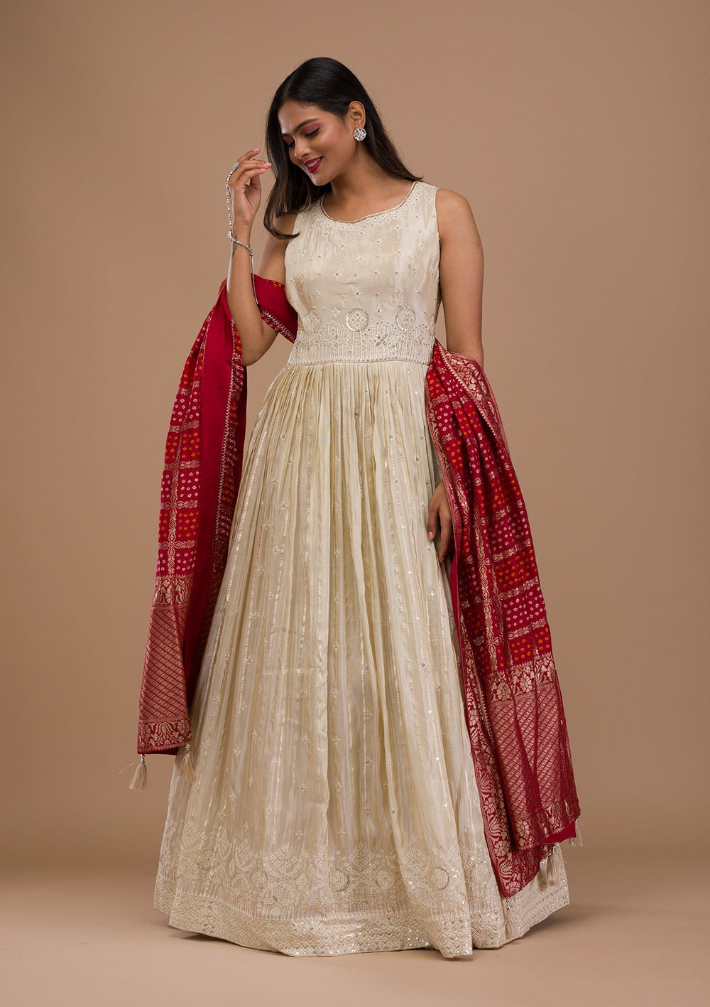 Cream Threadwork Semi Crepe Readymade Salwar Suit-Koskii
