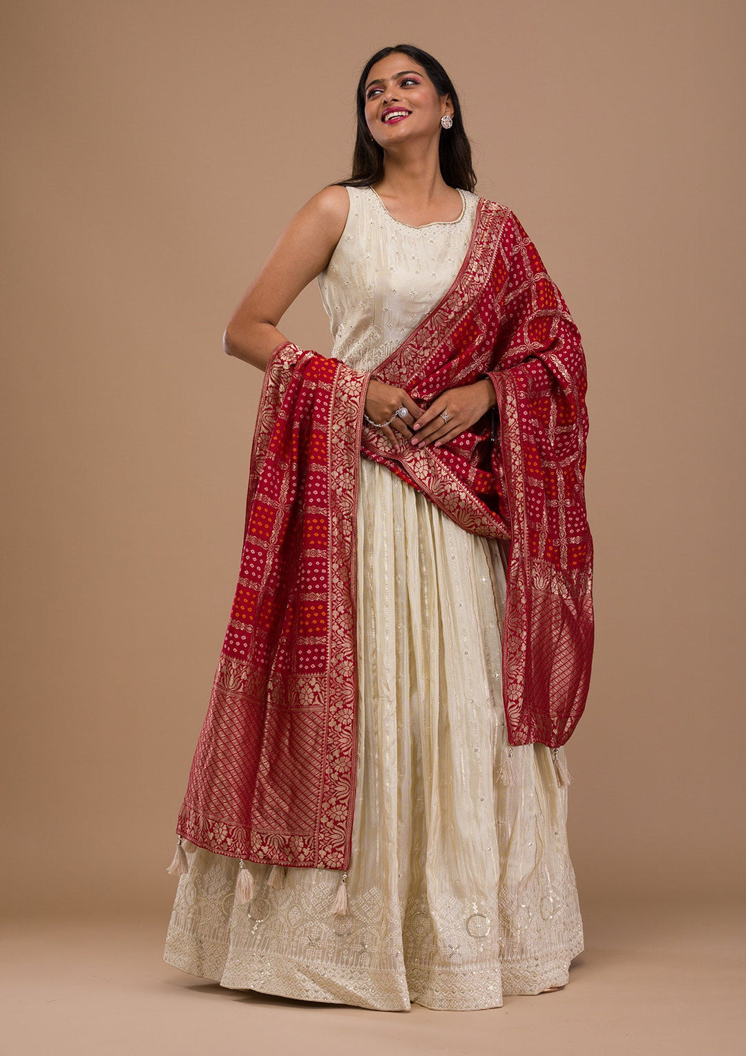 Cream Threadwork Semi Crepe Readymade Salwar Suit-Koskii