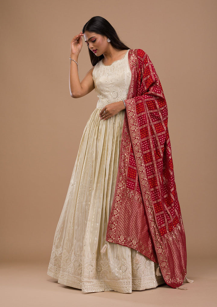 Cream Threadwork Semi Crepe Readymade Salwar Suit-Koskii