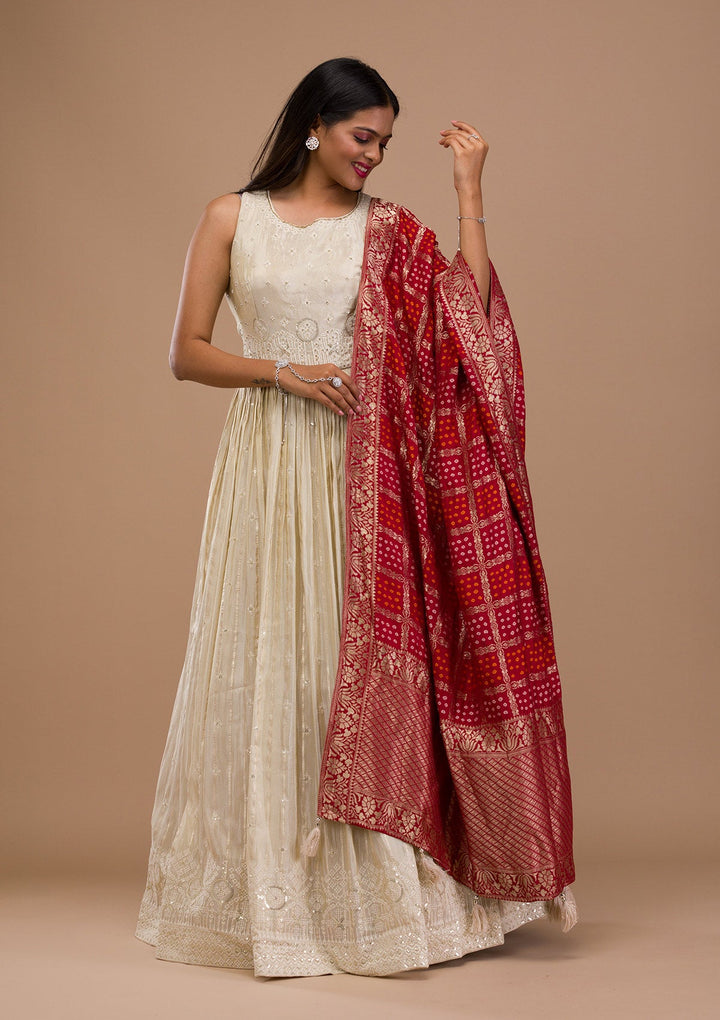 Cream Threadwork Semi Crepe Readymade Salwar Suit-Koskii
