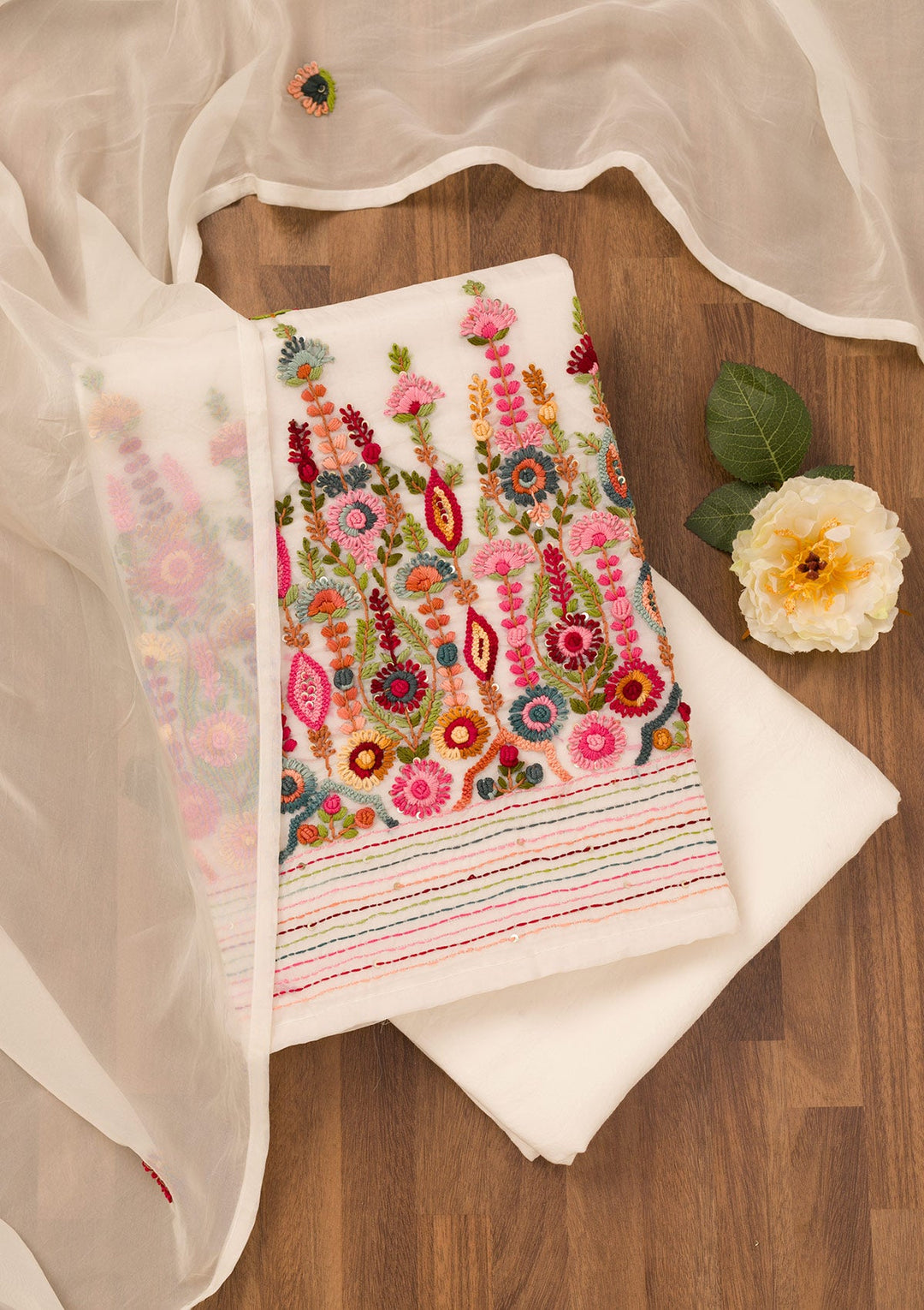 Cream Threadwork Semi Crepe Unstitched Salwar Suit-Koskii