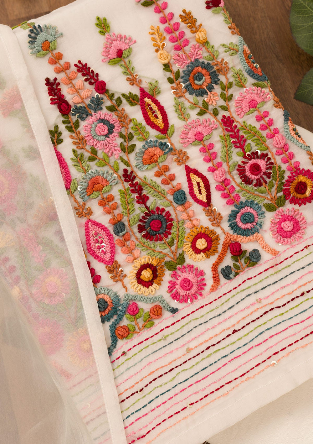 Cream Threadwork Semi Crepe Unstitched Salwar Suit-Koskii