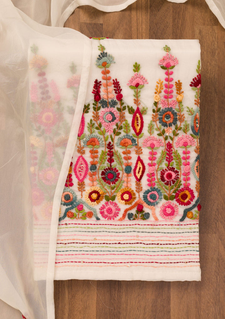 Cream Threadwork Semi Crepe Unstitched Salwar Suit-Koskii