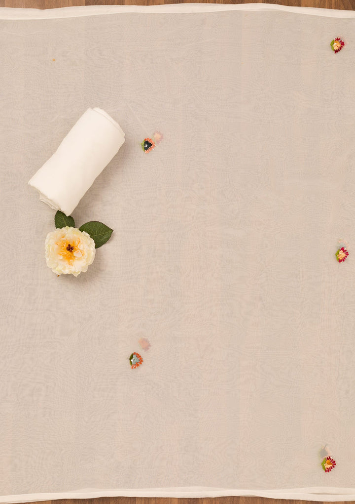 Cream Threadwork Semi Crepe Unstitched Salwar Suit-Koskii