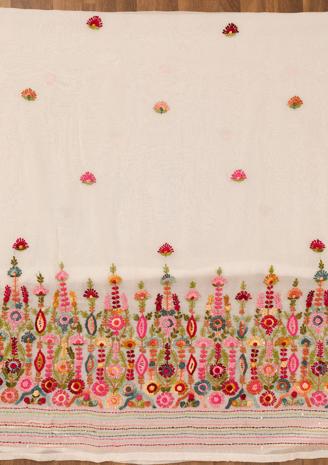 Cream Threadwork Semi Crepe Unstitched Salwar Suit-Koskii