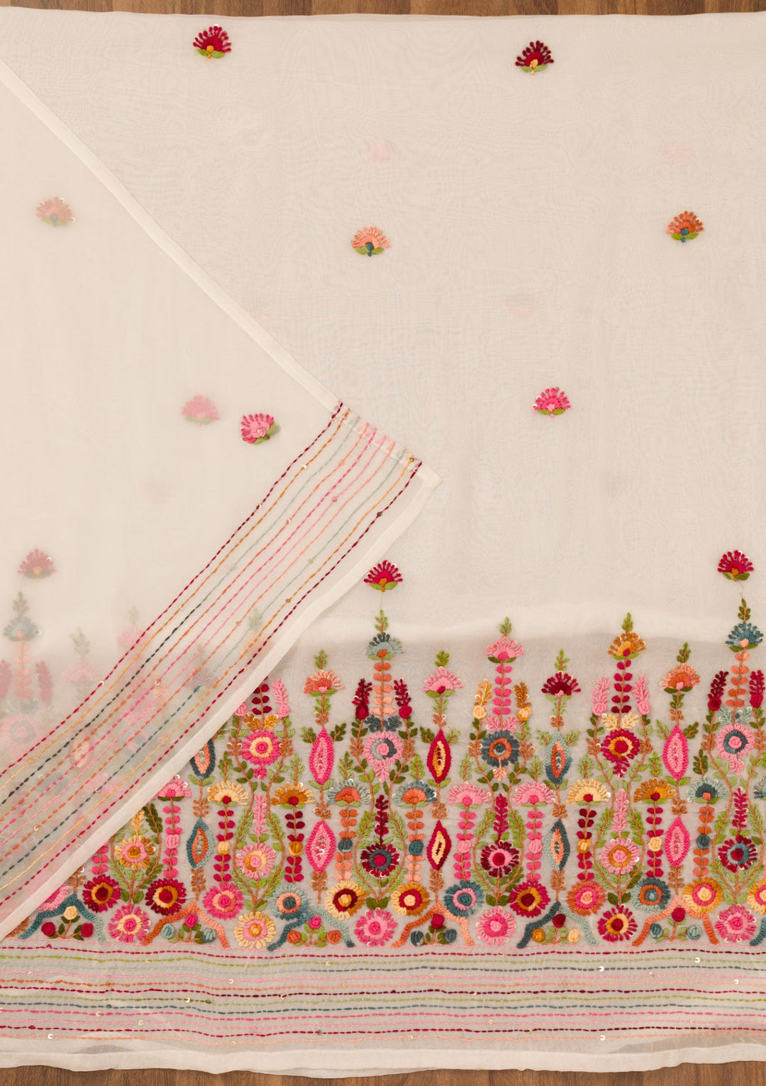 Cream Threadwork Semi Crepe Unstitched Salwar Suit-Koskii