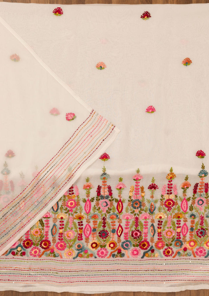 Cream Threadwork Semi Crepe Unstitched Salwar Suit-Koskii