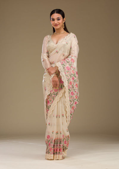 Cream Threadwork Tissue Saree-Koskii