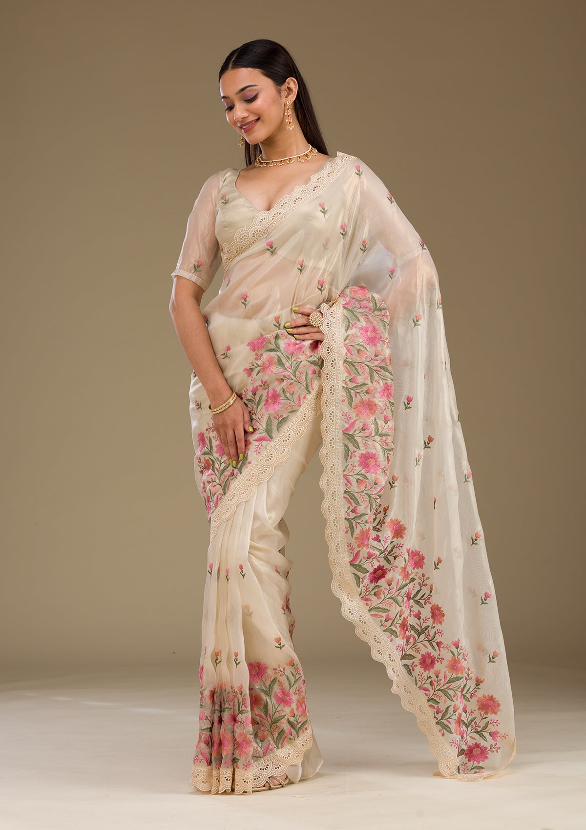 Cream Threadwork Tissue Saree-Koskii