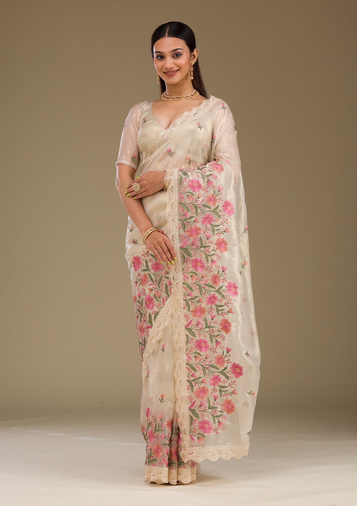 Cream Threadwork Tissue Saree-Koskii