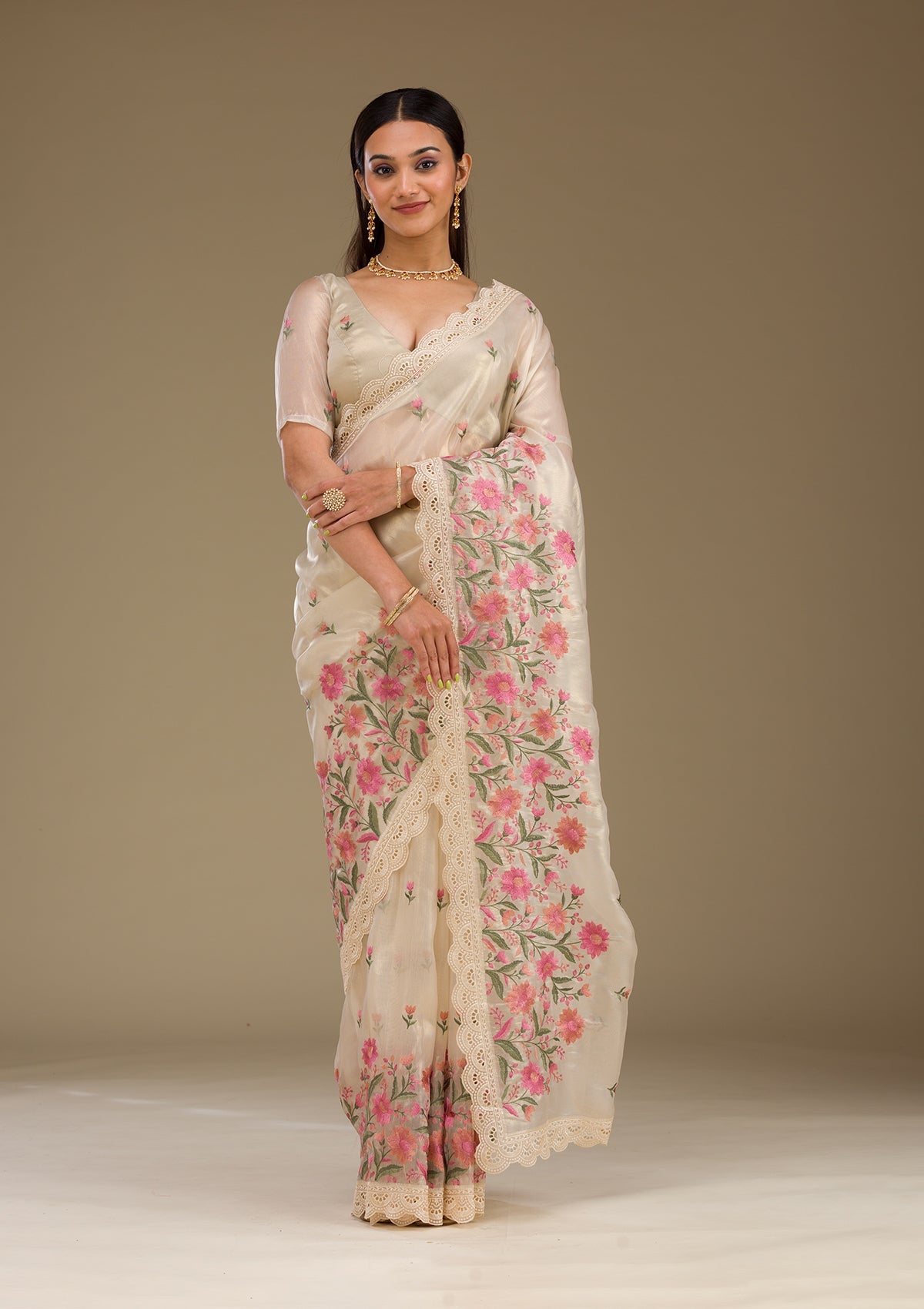 Cream Threadwork Tissue Saree-Koskii