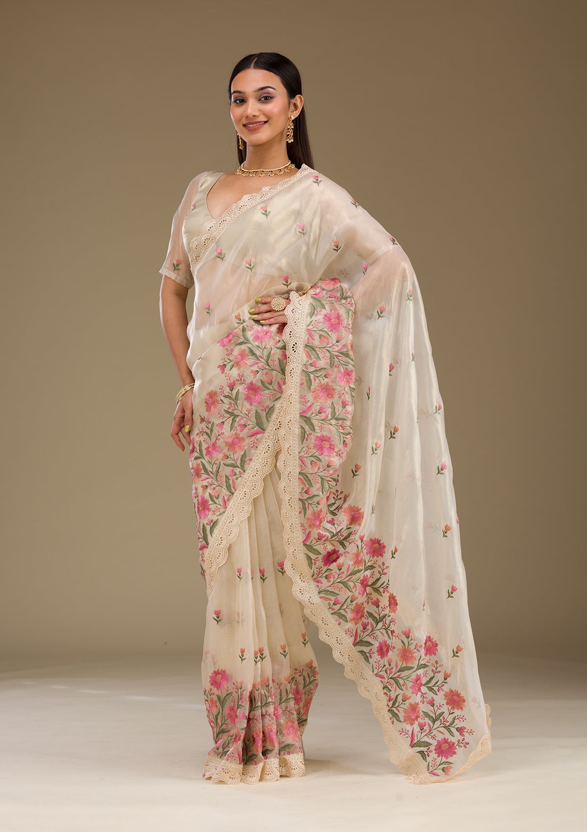 Cream Threadwork Tissue Saree-Koskii