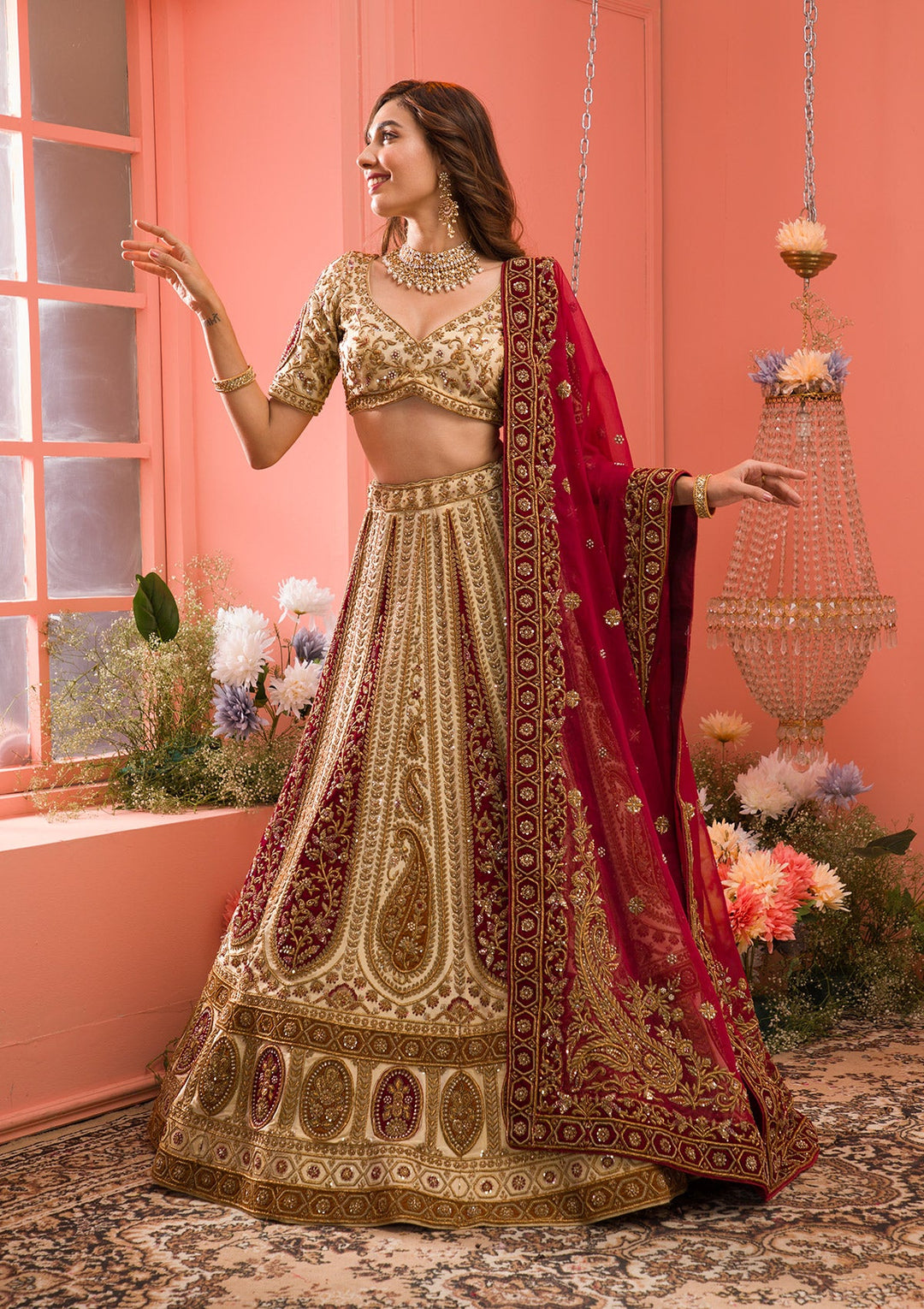 Cream Zardosi Raw Silk Readymade Lehenga-Koskii