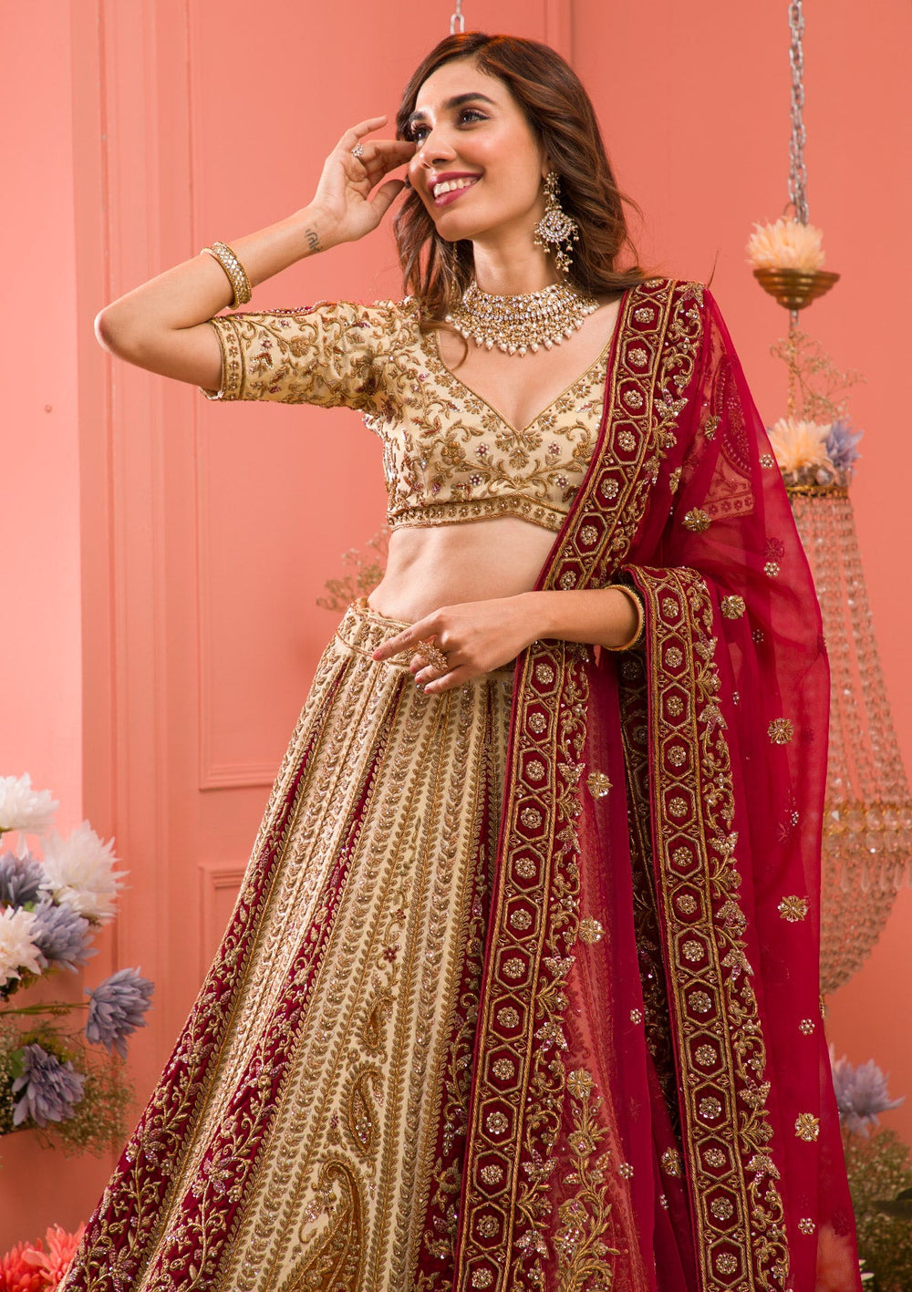 Cream Zardosi Raw Silk Readymade Lehenga-Koskii