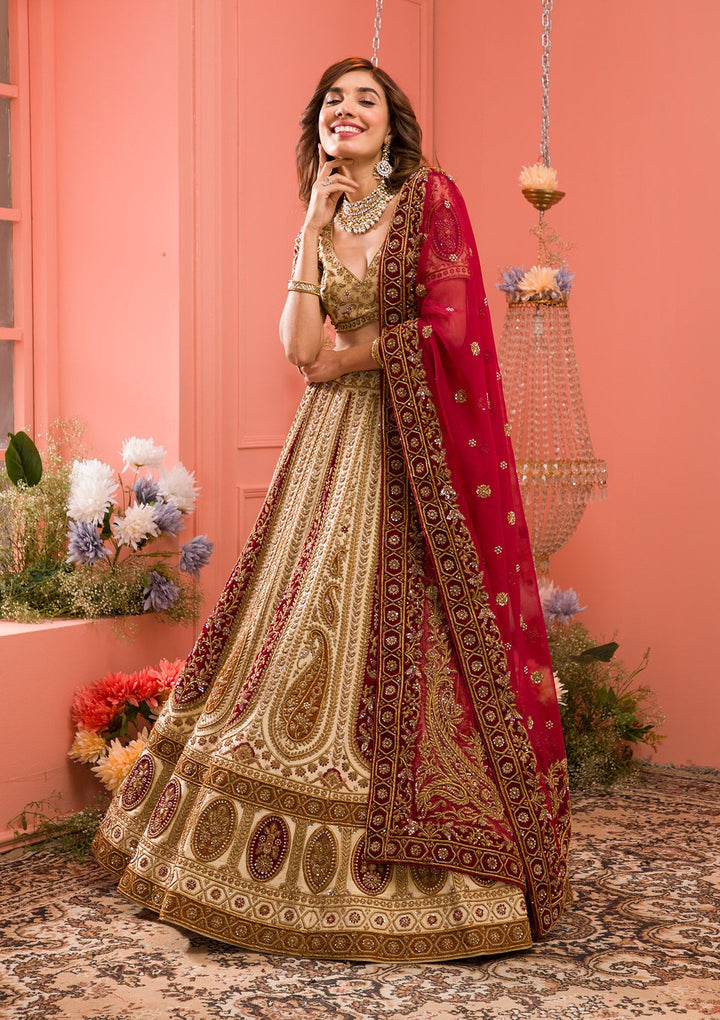 Cream Zardosi Raw Silk Readymade Lehenga-Koskii