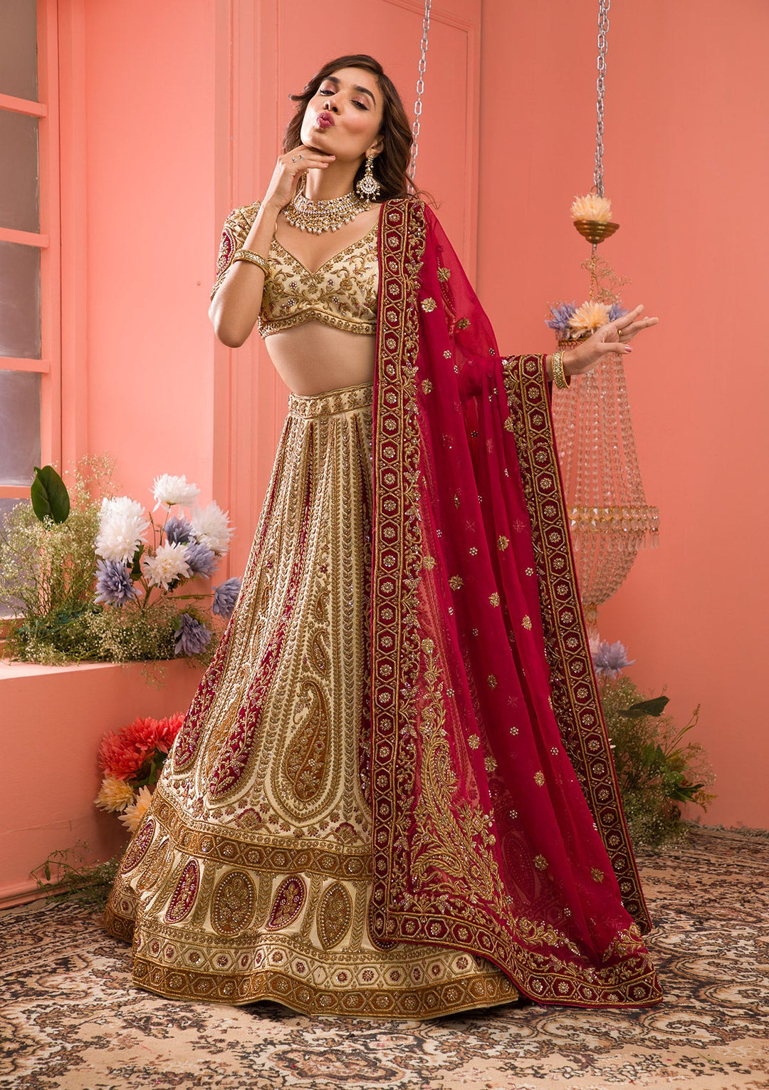 Cream Zardosi Raw Silk Readymade Lehenga-Koskii