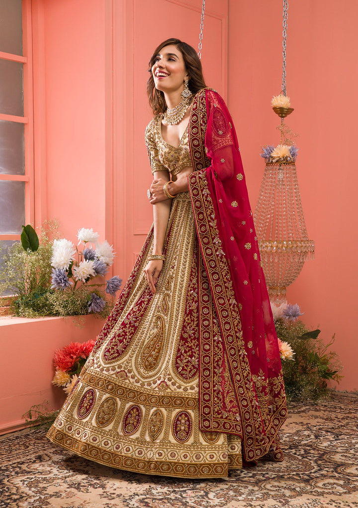 Cream Zardosi Raw Silk Readymade Lehenga-Koskii