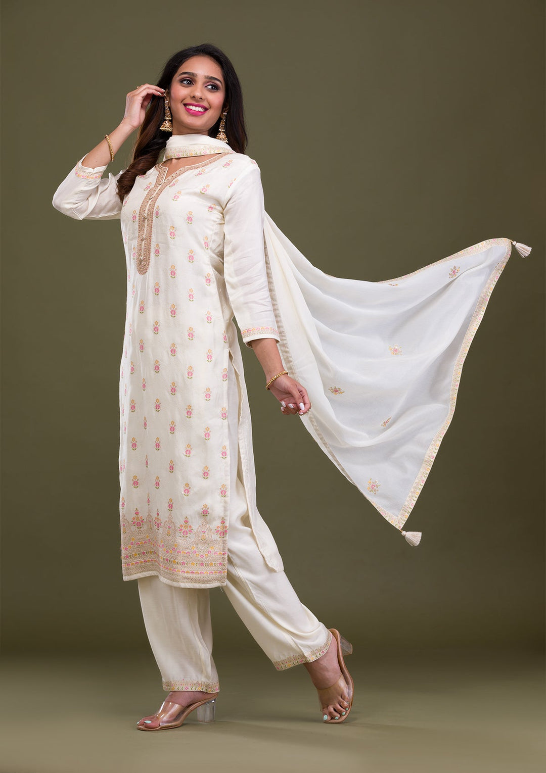 Cream Zariwork Soft Silk Readymade Sharara Kameez