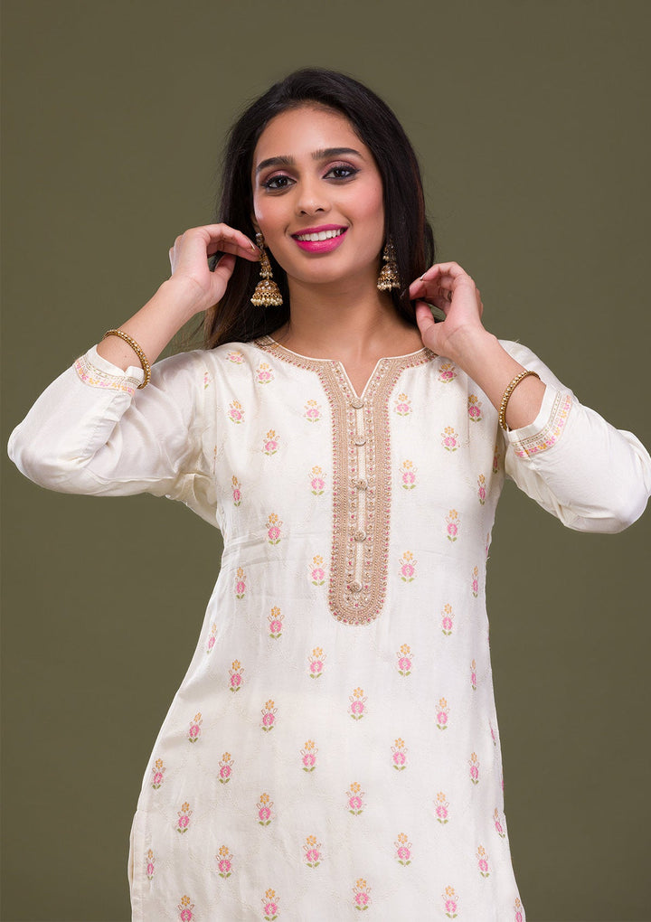 Cream Zariwork Soft Silk Readymade Sharara Kameez