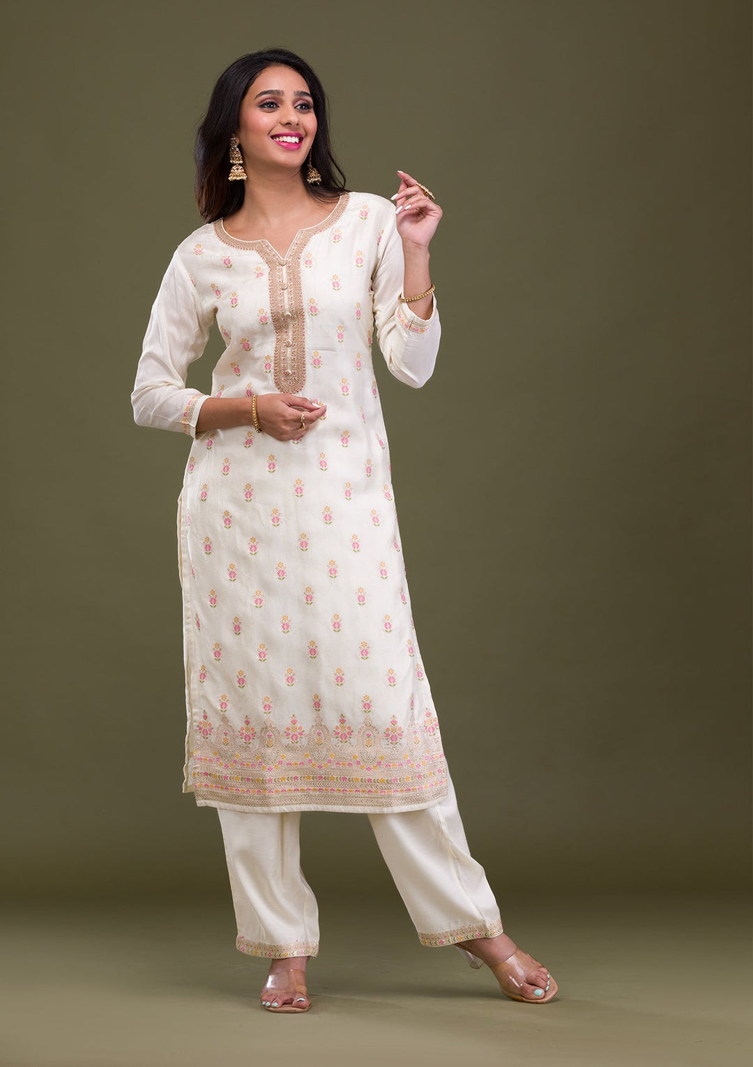 Cream Zariwork Soft Silk Readymade Sharara Kameez