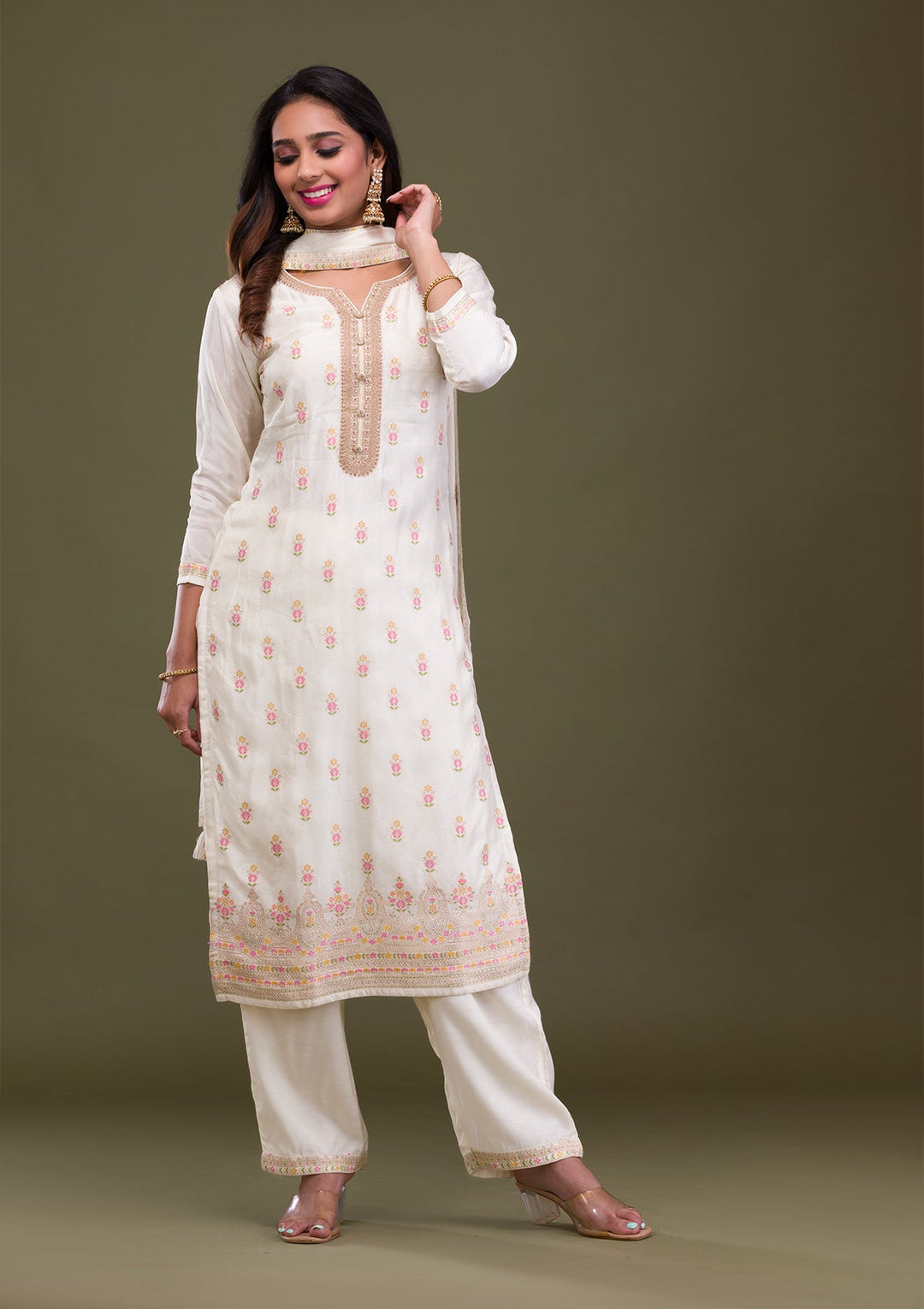 Cream Zariwork Soft Silk Readymade Sharara Kameez