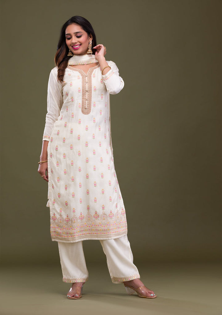 Cream Zariwork Soft Silk Readymade Sharara Kameez