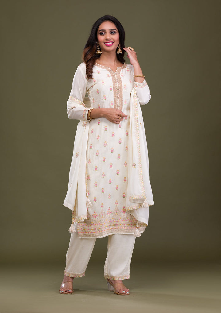 Cream Zariwork Soft Silk Readymade Sharara Kameez