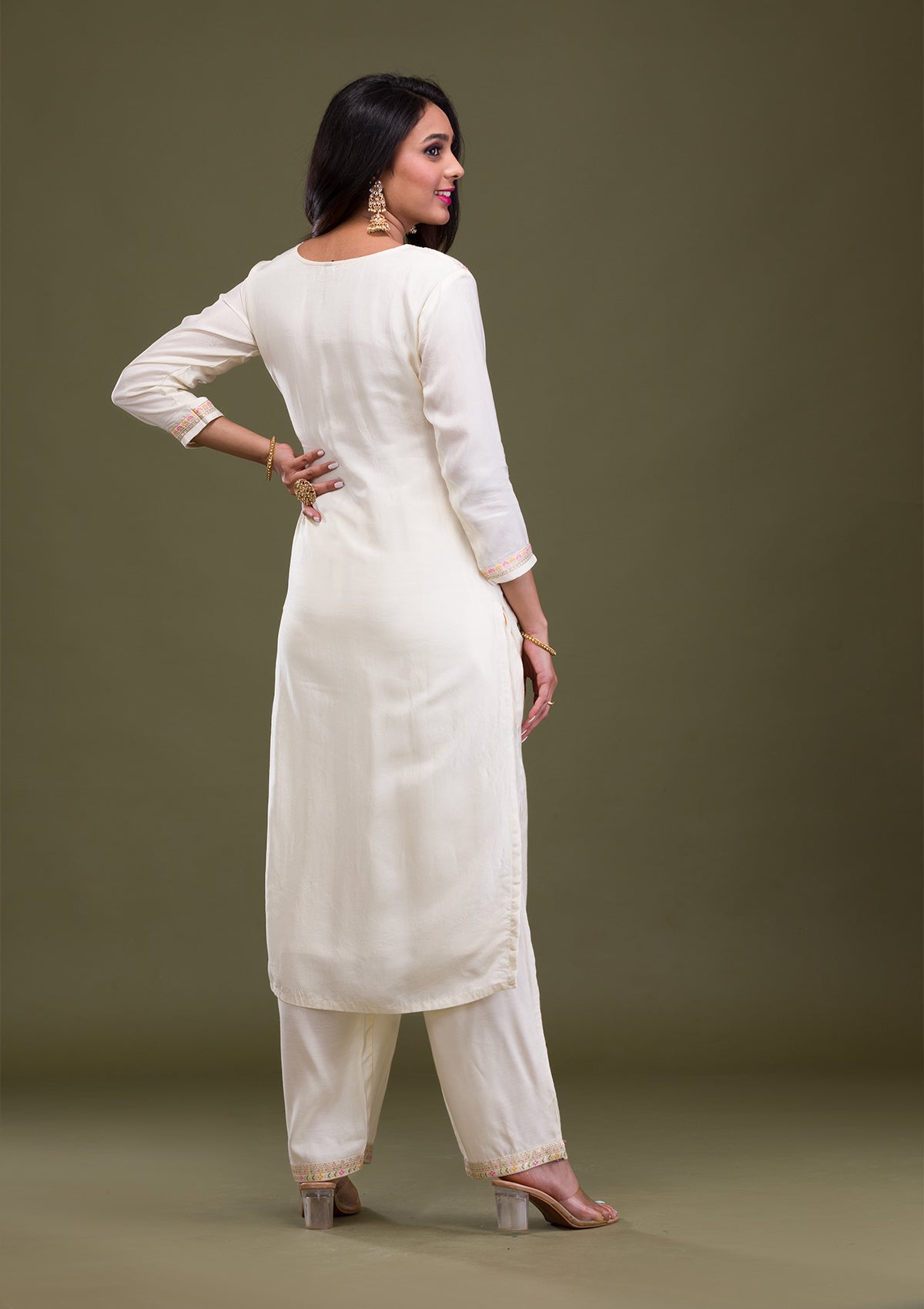 Cream Zariwork Art Silk Readymade Sharara Suit